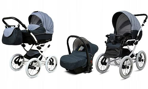 BabyLux® Bambimo Kinderwagen Set 3 in 1 - Margaret White - incl. Babywanne, Buggy Sportsitz, Auto-Babyschale - Autositz - Kinderwagenset - Kombikinderwagen mit Wickeltasche, Regenschutz usw.