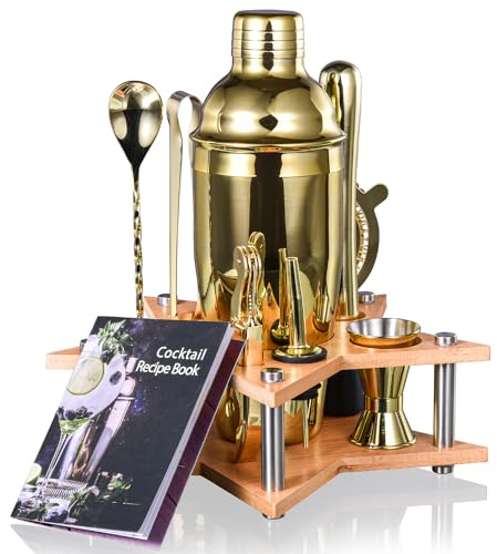 Esmula 12 Piece Bartender Kit with Bamboo Stand, 750ml Cocktail Shaker Set for Mixed Drink,tainless Steel Bar Tool Set, Gift for Man Dad-Cocktail Recipes Booklet (Gold)