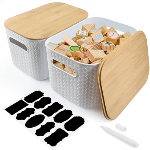 SLTAXAR 2 Stück Aufbewahrungsbox mit Deckel Bambus Aufbewahrungsboxen 25.5*18*15cm Kunststoff Aufbewahrungskorb Stapelbare Kleine Vorratsdose mit Griffen Organizer box mit Deckel Bambus für Küche Bad