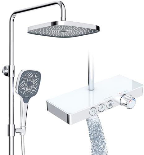 Rainsworth Colonne de Douche Thermostatique et étagère en Verre Chromé, tête de douche 26 * 26cm, Pommeau de Douche de 3 Jets, plaque thermostatique de 36 x 14 cm, Douche Set avec Mitigeur