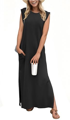 GRECERELLE Women's Summer Casual Loose Split Long Maxi Sun Dress with Pockets (Medium, Black)