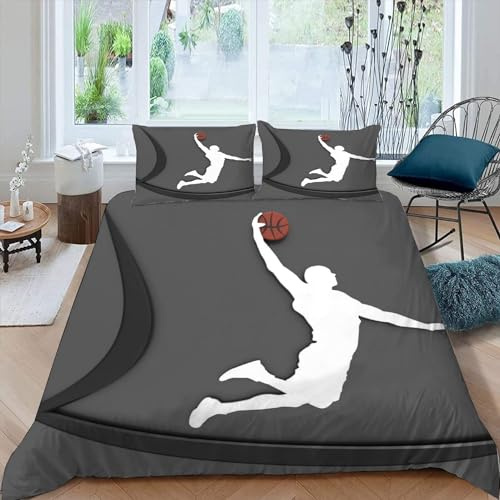 MEVASA Kinder Bettwäsche Basketball Grau 155x220 für Mädchen Junge - Hypoallergen Flauschige 3-Teiliges Set aus Mikrofaser mit Reißverschluss
