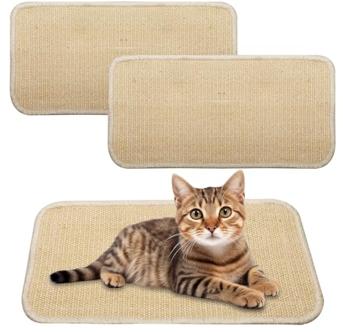 Hcunbsu 2 Stück Kratzmatte Katze, 50x25cm Kratzteppich Katze, Sisal Teppich Katzen, Kratzbrett Katze mit Klettverschlus, Kratzmatte Katze für Wand, Möbel, Tür und Sofa (Beige)