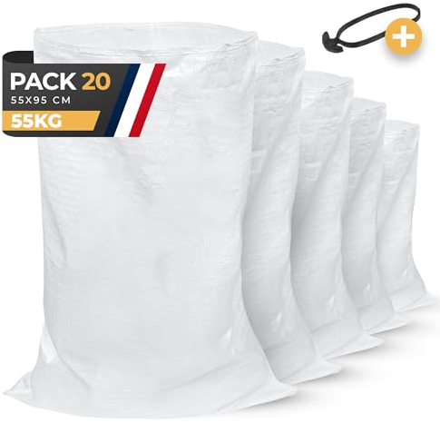 BIBODU Sac a Gravat (20 UNITÉS) | 55 x 95cm - Très Résistant (55 kg) | Sac a Gravats Chantier en Polypropylène | Parfait pour le Chantier, Gravier, Sable, Feuilles