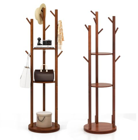 GIANTEX Porte Manteau sur Pieds en Bois, 9 Crochets, 3 Etagères de Rangement, Portant à Vêtements Rotatif à 360°, Support sur Pied pour Salon, Chambre, Entrée, 42 x 40 x 167 CM