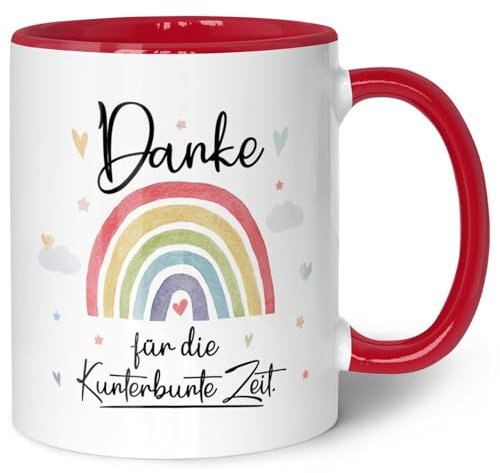 Bedruckte Tasse mit Spruch - Danke für die Kunterbunte Zeit - Geschenk für Erzieher Lehrer zum Kindergarten Abschied - Geschenk als Dankeschön - Farbe Regenbogen - Rot