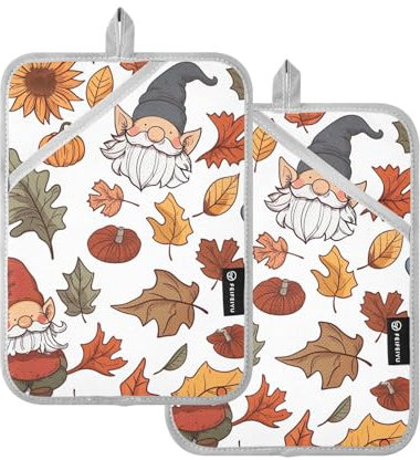 Set di 2 presine resistenti al calore, con gnomi in stile cartone animato autunnale, presine, presine, presine da forno, per barbecue, forno a microonde