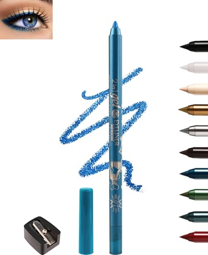 Blau Gel Eyeliner, Cremig Wasserfest Kajalstift, Langanhaltend, Wischfeste Eyelinerstift mit Anspitzer, Hochpigmentierter Mkroglitter Lidschattenstift für Empfindliche Augen, Leicht Aufzutragen-07