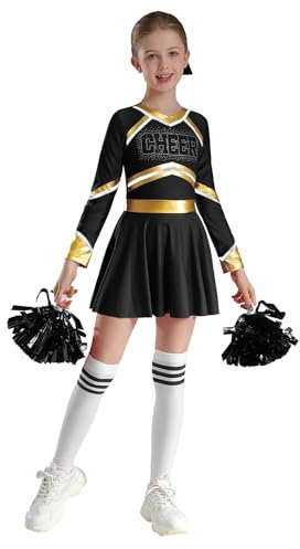 Yhong Mädchen 4tlg Langarm Cheerleading Uniform Outfits Cheer Kleid mit Pompoms Harrband Strümpfe Kinder Performance Tanzkleidung Set Weiß schwarz 110-116