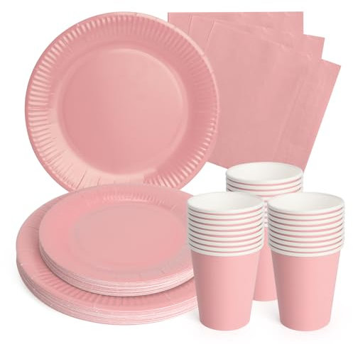 PARTY GO - Vaisselle de fête rose - Ensemble de décoration d'anniversaire pour fête d'enfant - Comprend 24 assiettes en carton de 24 cm et 17,8 cm, 24 gobelets en carton