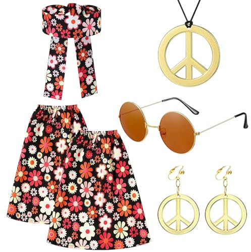 Yuragim 7Pcs Hippie Kostüm Damen Set 70er Jahre Hippie Accessoires Retro Brille Bunt Stirnband Beinstulpen Frieden Zeichen Halskette Friedensohrring Frauen hippie Kostüm Zubehör für Fasching Karneval