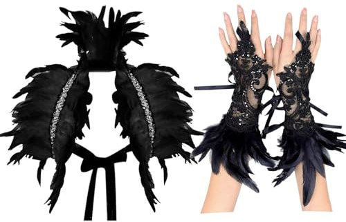 AUNGCSHE 3 Stuck Feder kostüm Set , Gothic Federkragen, Spitze Feder Handschuhe, Federumhang, Feder Manschetten Geeignet für Karneval, Ostern Gotische Kleiderparty(Schwarz)