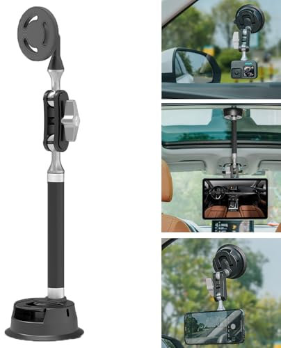 CERFFOOL Magnetic Suction Cup Car Phone Tablet Holder for iPhone 16/15/14/13 for Samsung/Huawei/Xiaomi 360° Adjustment Dashboard Windshield Mount 15cm Detachable Extension Pole for GoPro Action Camera