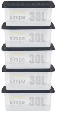 simpa 28 Litre 28L Stackable Underbed Plastic Storage Box with Clear Lid - 20cm (H) x 49cm (L) x 39cm (W) - Set of 5