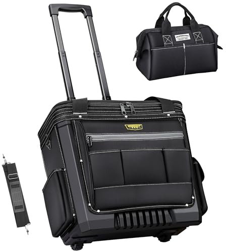 WINHUNT 20'' Rolling Tool Bag with Wheels,Heavy Duty Tool Trolley Wide Mouth Telescoping Handle Storage Organizer with Small Tool Bag, Black