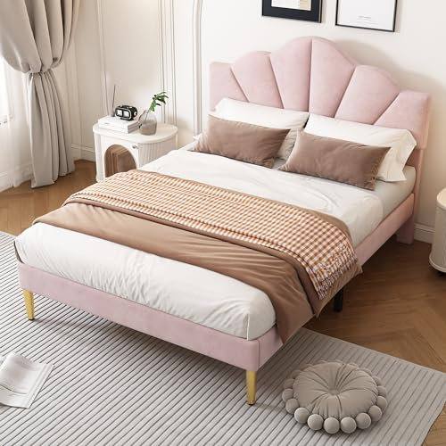 BTM Lit Rembourré 140x200 avec Sommier à Lattes, Lit Double Rose en Forme de Coquillage, Cadre de Lit 140x200 pour Adultes et Adolescents, en Velours, Rose (sans Matelas)
