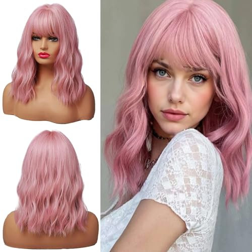 Damenperücke, kurz, Rosa, Bob, hitzebeständig, Synthetik, Shorts, Violett, Rosa, Sissy, Perücke mit Pony, Locken, Welle, Schulter, lang, Cosplay & Everyday Fashion Hair Patch