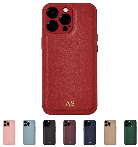 Tirita Personalisierte Handyhülle für iPhone 15 Pro Max Hülle - Handyhülle Selbst Gestalten aus Veganem Leder & Initialen Personalisieren - Geschecke für Frauen & Männer - Rot, Gold