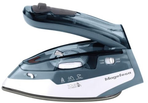 Magefesa Tour - Plancha de Suela Antiadherente, 1100W, Mango Plegable, Selector Voltaje y Temperatura, Planchado en Seco y a Vapor, 9 Orificios