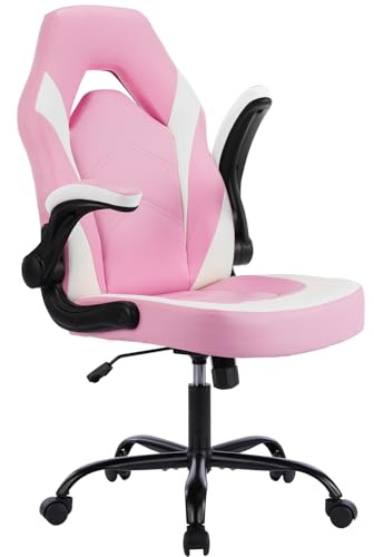 Gaming Ergonomic Office Chair for Adults, Height Adjustable Computer Desk Chair with Flip-up Armrests, PU Leather Swivel Video Game Chair with 360° Rolling Wheels, Pink