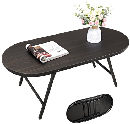 FEUFOAM Small Oval Coffee Table Wood and Metal Folding Low Coffee Tables with Safety Lock Portable Outdoor Table Floor Center Tables for Living Room Small Spaces, Black Gold