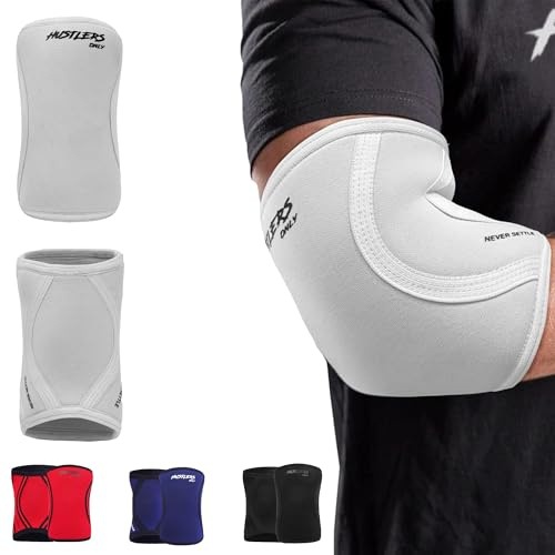 Hustlers Only Elbow Sleeves Weightlifting 5mm Neoprene Compression Elbow Support Sleeves for Gym Training, Bench & Tendonitis, Fitness, and Workout (White, M)