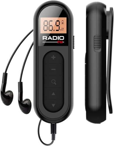 Tragbares Mini FM Radio, Wiederaufladbares Taschenradio mit Kopfhörern, Tragbares Mini FM Radio Digitalradio für Laufen, Reisen, Wandern und Radfahren (Schwarz)