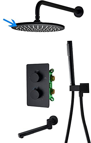 Grifo de Ducha de baño de 3 vías, Negro Mate, con Cabezal Redondo y Caja empotrada, Juego de 10 Pulgadas