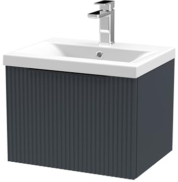 Balterley Vanity Unit with Basin Wall Hung, Single Drawer Soft Close with Mid Edge Sink and Handle, Bathroom Vanity Units with Basin, Fluted Front Sink Cabinet - 510 x 390 x 399mm (Dark Grey)