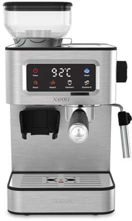 Prixton Machine à Café Expresso Napoli avec Moulin Intégré 22 niveaux, 20 Bars, 1350 W, Double Filtre, Vapeur Réglable, Compatible avec les Grains de Café, le Café Moulu et les Capsules