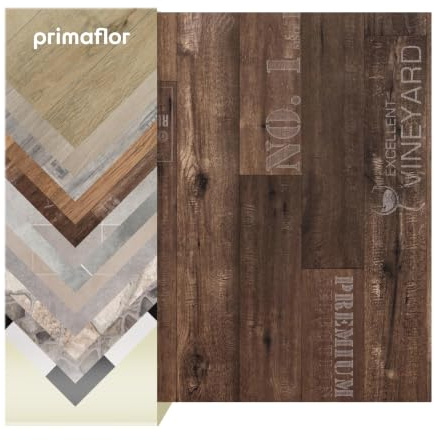 Primaflor PVC Bodenbelag Tronto | 200x250 cm | Chardonnay 629M | 2,00 m Breite ,Dielenoptik mit weißen Vintage-Schriftzügen, 1,9 mm stark, R10, für Wohnräume, Büro, Feuchtraum und Event