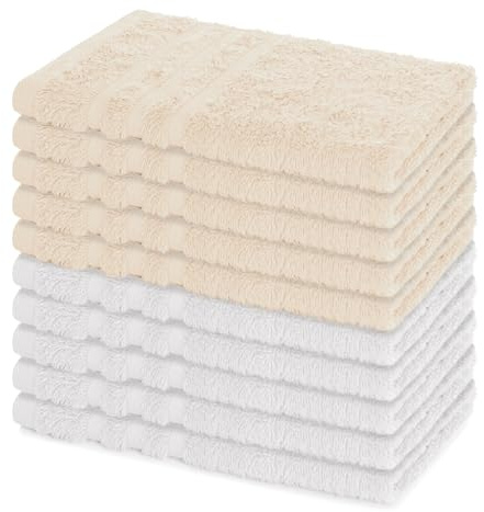 Lavea® 10er Set Gästehandtücher 30x50 cm – Weiß & Creme | Weiche & Saugstarke Gästetücher aus 100% Baumwolle, Frottierserie Elena, Waschbar 60°C, Trocknergeeignet