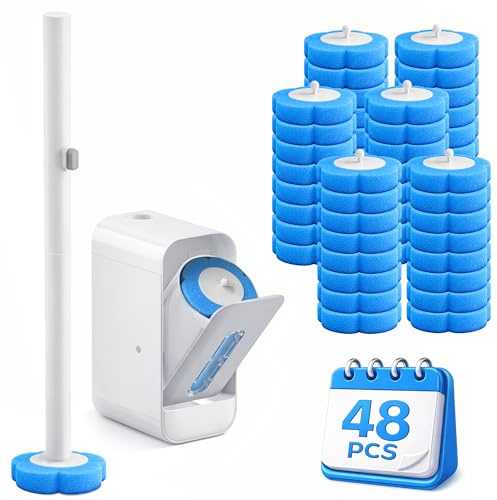 Disposable Toilet Brush with Holder Set: 48 Cleaner Refills Long Handle