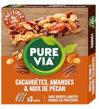 Pure Via Barres de Céréales Cacahuètes, Amandes et Pécan, Sans Gluten, Sans Sucre Ajouté, Vegan, Riche en Fibres et Protéines, 3 x 35g