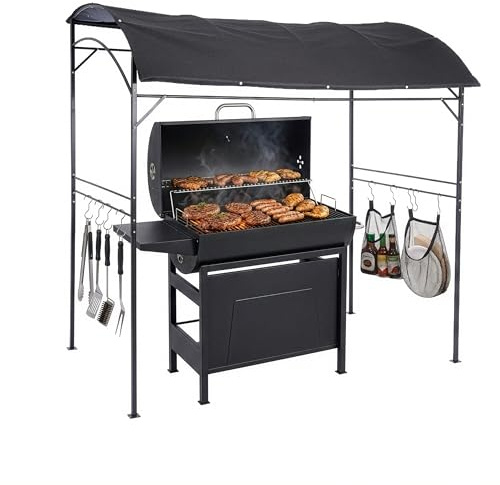Relaxdays Grill Pavillon, HxBxT: 220 x 220 x 150 cm, 8 Haken, Metall, Polyester, Grillhütte Garten, Grillzelt, anthrazit