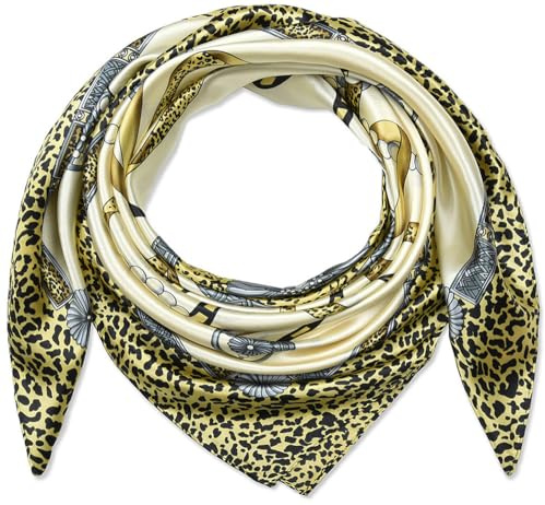 corciova 35 Large Women's Square Silk Feeling Hair Scarfs Wrap Headscarf Beige Ribbon Leopard Pattern