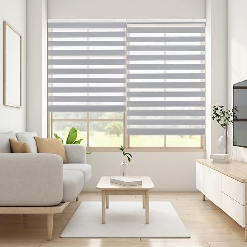 Blindecor Lira doppelrollo - duo rollo tag und nacht Silbergrau - 120 x 180 cm (Breite x Länge) | Stoffgröße 117 x 175 cm | Fensterrollo zebra