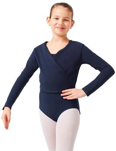 tanzmuster Ballett Wickeljacke Mädchen - Mandy - extra weicher Baumwollstoff - Ballettjacke zum Binden für Kinder - Marineblau 140/146