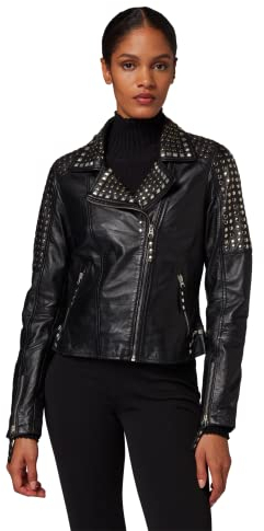 RICANO Studd JKT, Damen Lederjacke (Slim Fit) mit Nieten im Bikerstil in Schwarz und Grau (Vintage) (Schwarz, 2XL)