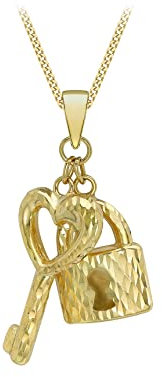 CARISSIMA Women's 9 ct Yellow Gold Diamond Cut 9 x 26.3 mm Key and Padlock Pendant on Diamond Cut Curb Chain Necklace of Length 46 cm/18 Inch