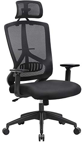 SONGMICS ergonomischer Bürostuhl mit Lendenwirbelstütze, Schreibtischstuhl, Drehstuhl, Computerstuhl, Verstellbare Kopfstütze und Armlehnen, Wippfunktion und Höhenverstellung, Schwarz OBN53BK