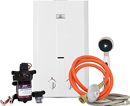 Eccotemp CE-L10 Portable Outdoor Tankless Water Heater w/EccoFlo Diaphragm 12V Pump, Strainer & Shower Set, 30 mbar