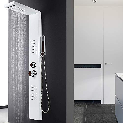Flyelf Pannello Colonna Doccia,Doccia a Pioggia in Acciaio Inox, Pannello Doccia con Doccetta 15 * 47 * 130 cm (Bianco)