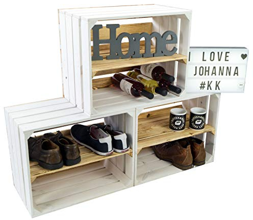 Kistenkolli Altes Land 3er Set Neue weiße Obstkiste Johanna/Schuhregal Ablageregal Schuhbox Weinkiste Apfelkiste Holzkiste Regalkiste Ablagekiste (3er Set Weiss mit geflammtem Boden LÄNGS GEFLAMMT)