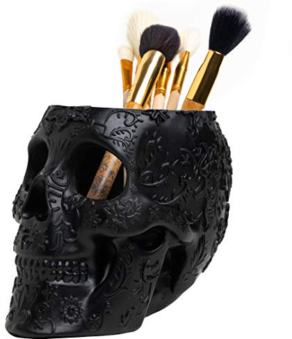The Wine Savant Skull Makeup Brush Holder and Pen Holder Extra Large, Strong Resin Extra Large Halloween, Black Skull Brush Holder