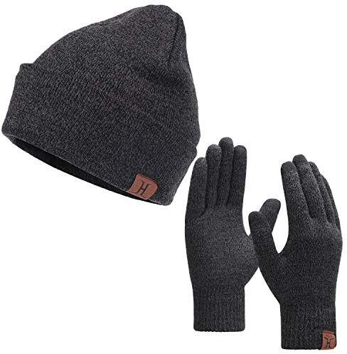 Bequemer Laden Herren Damen Winter Warm Beanie Mütze Touchscreen Handschuhe Set, Thermo Wintermütze Strickmütze Winterhandschuhe mit Fleece Gefüttert, Dunkelgrau