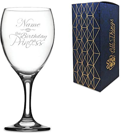 Personalised Engraved Novelty Wine Glass with Birthday Princess Design, Gift Boxed, Personalise for Any Birthday Girl