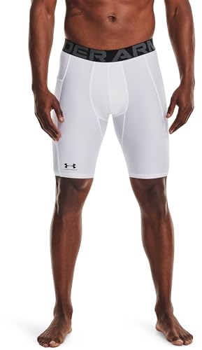 Under Armour UA HG Armour Long Shorts Pantalones deportivos cortos, shorts para hombre transpirables y de secado rápido, color blanco/negro
