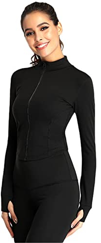 SotRong Gym Tops for Women Zip Up Running Jacket Long Sleeve Sports T-Shirt Fitness Workout Yoga Athletic Crop Tops Ladies Breathable Activewear Sportswear with Thumb Holes Black S