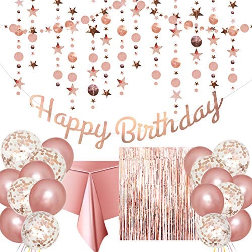 Rosegold Geburtstag Party Deko - Happy Birthday Girlande,Glitter Sterne und Kreise Girlande,Konfetti Ballons,Rosegold Latex Luftballon,Tischdecke,Glitzer Vorhang für Mädchen Geburtstagsdeko für Frauen